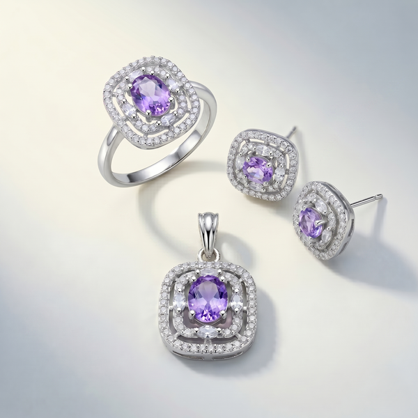 Lavender Radiance Cushion-Cut Pendant, Stud Earrings & Adjustable Ring Set