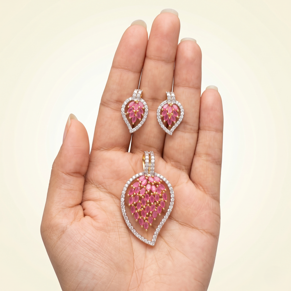 Elegant Pink Marquise Gemstone Teardrop Pendant with Matching Stud Earrings Set