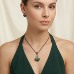Emerald Green Agate & Pavé Diamond Deco Set in 14K Rose Gold – Pendant and Stud Earrings