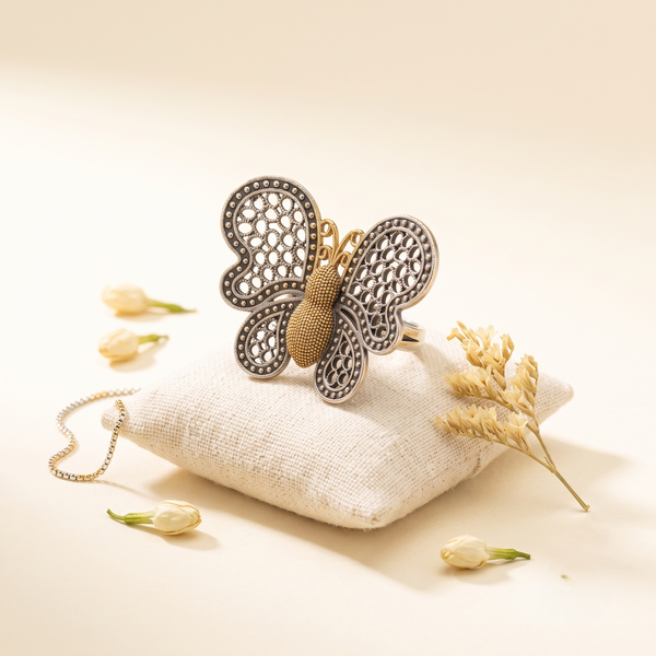 Vintage Dual-Tone Butterfly Statement Finger Ring | Antique Silver & Gold Finish Adjustable Cocktail Ring for Women