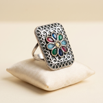 Vintage Floral Statement Finger Ring with Multicolor Stone Accents | Oxidized Silver Finish | Adjustable Ring for Women