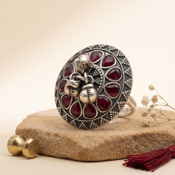 Vintage Oxidised Silver-Tone Ruby Red Stone Statement Finger Ring with Ghungroo Charms