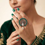 Vintage Peacock Motif Oxidised Silver-Tone Adjustable Finger Ring with Emerald Green Stones & Pearl Accent
