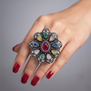 Vintage Oxidised Floral Statement Ring with Multicolor Teardrop Stones | Adjustable Boho Cocktail Finger Ring for Women