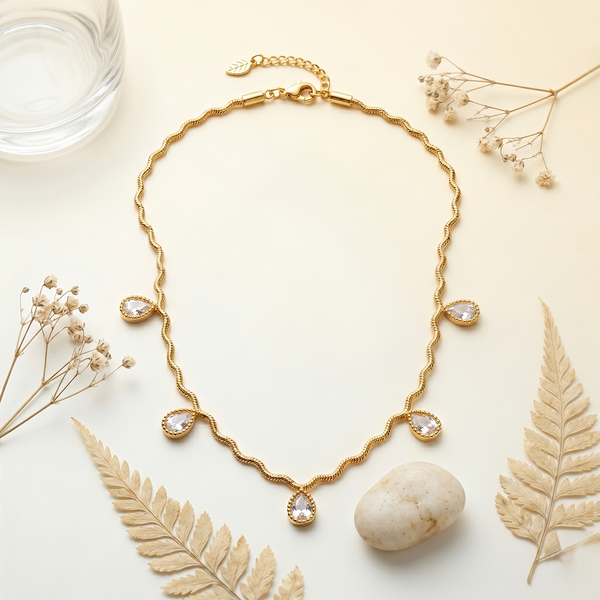 Elegant Gold-Tone Crystal Drop Necklace for Women | Minimal Teardrop Charm Statement Jewellery