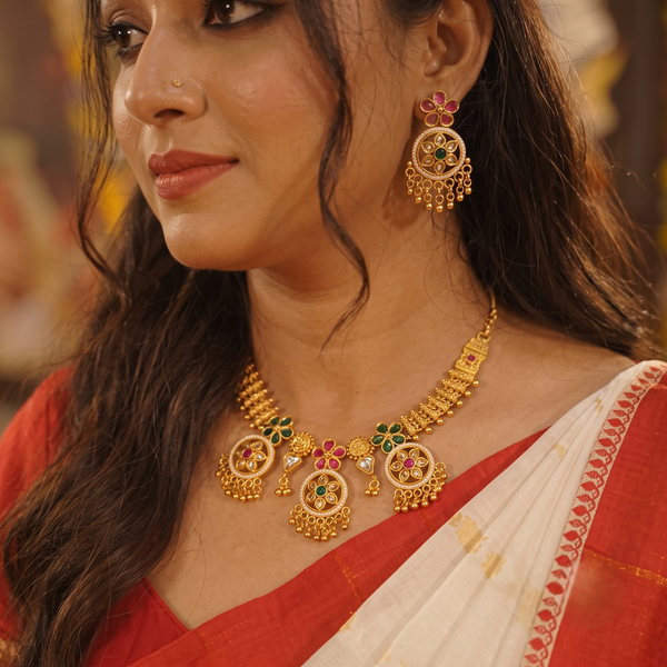 Exquisite Kundan Floral Necklace Set with Matching Drop Earrings