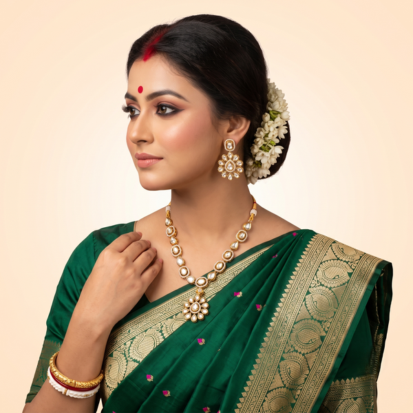 Premium Gold-Plated Kundan Necklace & Matching Drop Earrings set