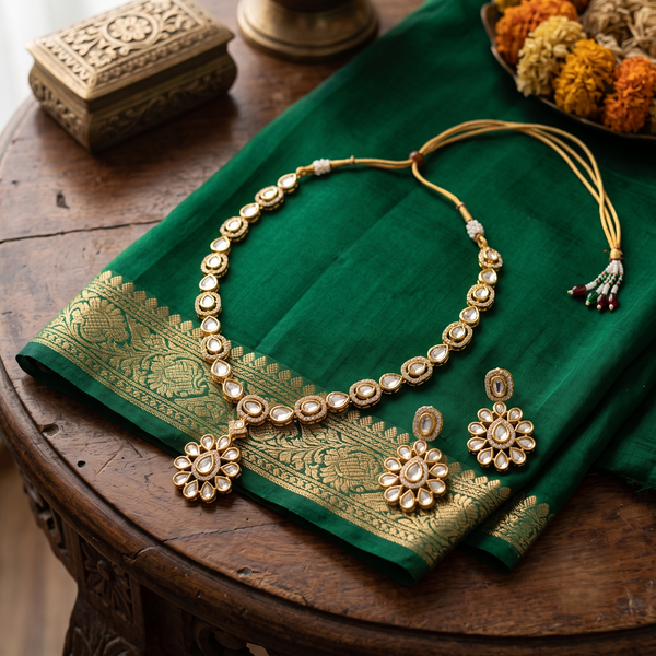 Premium Gold-Plated Kundan Necklace & Matching Drop Earrings set