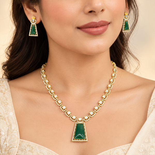 Premium Gold-Tone Geometric Green Stone Necklace and Drop Earrings Set