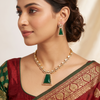 Premium Gold-Tone Geometric Green Stone Necklace and Drop Earrings Set