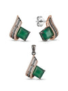 Emerald Green Agate & Pavé Diamond Deco Set in 14K Rose Gold – Pendant and Stud Earrings