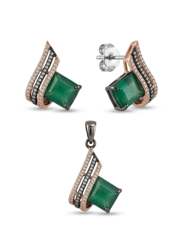 Emerald Green Agate & Pavé Diamond Deco Set in 14K Rose Gold – Pendant and Stud Earrings