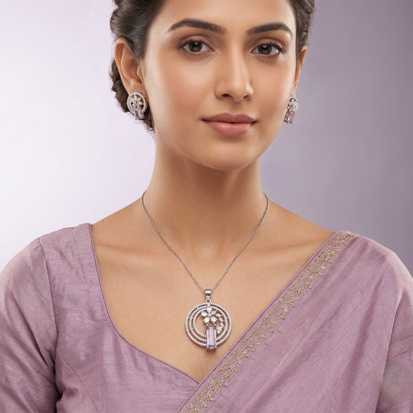 Premium Lavender Crystal Pendant & Earrings Set – Exquisite Silver-Toned Statement Jewellery
