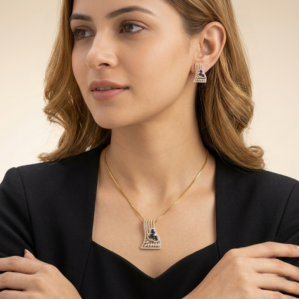 Graceful Luxurious Exquisite CZ & Sapphire-Tone Designe Jewelry Set for Women | Premium Gold-Plated Pendant with Matching Earrings | Timeless Party & Wedding Wear