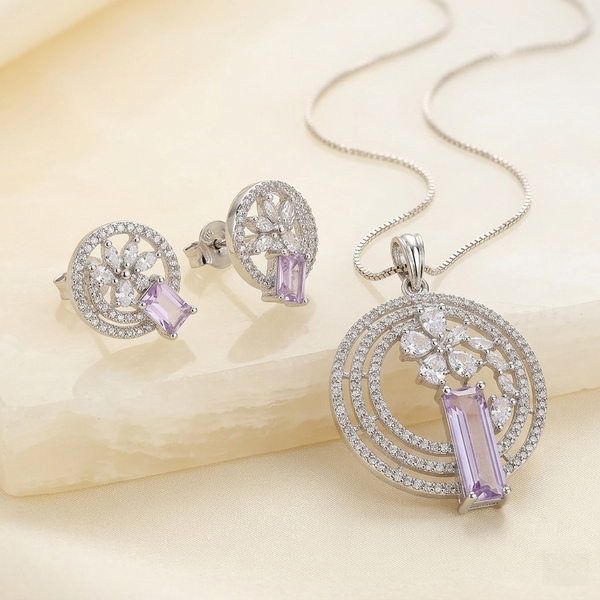 Premium Lavender Crystal Pendant & Earrings Set – Exquisite Silver-Toned Statement Jewellery