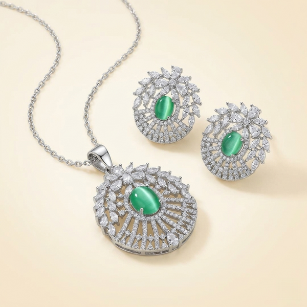 Graceful Luxurious Green Stone Pendant & Earrings Set for Women | Premium Silver-Tone Floral Designer Jewelry | Timeless Elegant Party Wear