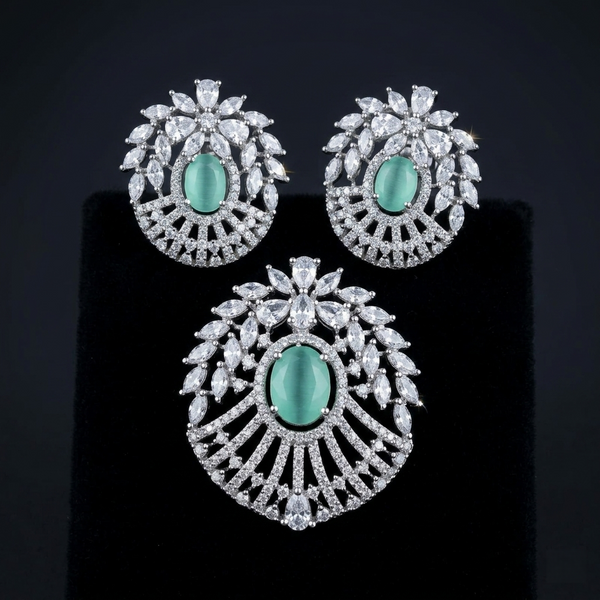 Graceful Luxurious Green Stone Pendant & Earrings Set for Women | Premium Silver-Tone Floral Designer Jewelry | Timeless Elegant Party Wear