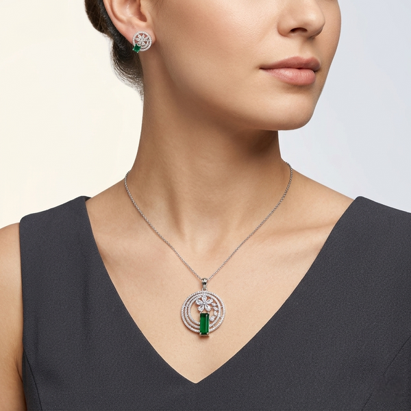 Graceful Luxurious Emerald Green CZ Pendant & Earrings Set for Women | Premium Silver-Tone Floral Designer Jewelry | Timeless Party & Wedding Wear