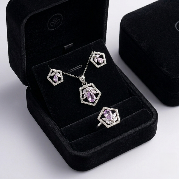 Lavender Crystal Geometric Jewellery Set – Ring, Pendant & Stud Earrings