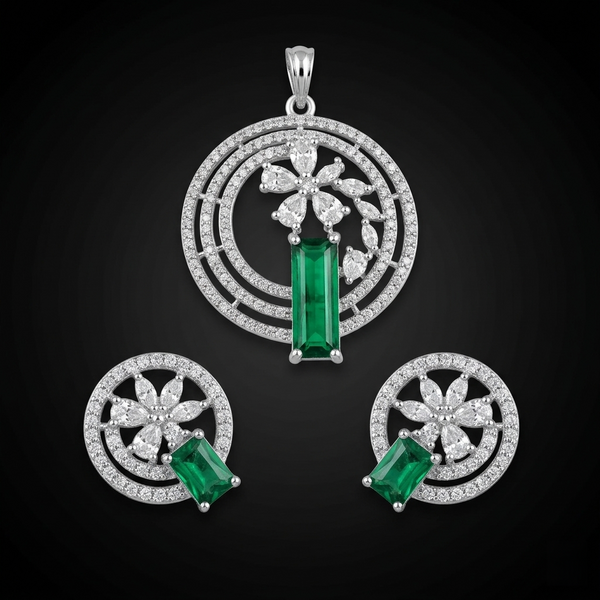 Graceful Luxurious Emerald Green CZ Pendant & Earrings Set for Women | Premium Silver-Tone Floral Designer Jewelry | Timeless Party & Wedding Wear