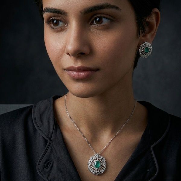 Graceful Luxurious Green Stone Pendant & Earrings Set for Women | Premium Silver-Tone Floral Designer Jewelry | Timeless Elegant Party Wear