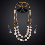 Handcrafted Dual-Layer Mother of Pearl & Pearl Beaded Necklace Set with Blue Enamel Accents and Matching Drop Earrings