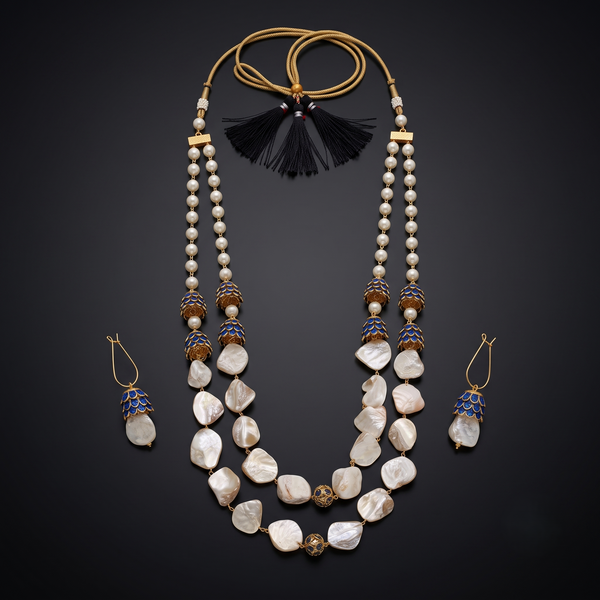 Handcrafted Dual-Layer Mother of Pearl & Pearl Beaded Necklace Set with Blue Enamel Accents and Matching Drop Earrings
