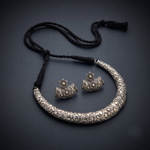 Premium Oxidised Floral Engraved Adjustable Hasli Necklace Set with Matching Floral Stud Earrings | Traditional Statement Jewellery for Women