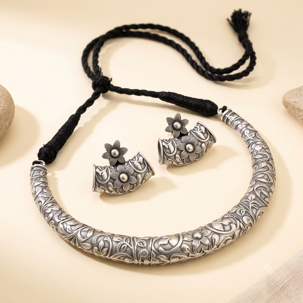 Premium Oxidised Floral Engraved Adjustable Hasli Necklace Set with Matching Floral Stud Earrings | Traditional Statement Jewellery for Women