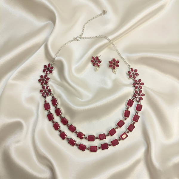 Ruby Blossom Silver-Tone Statement Necklace & Drop Earring Set