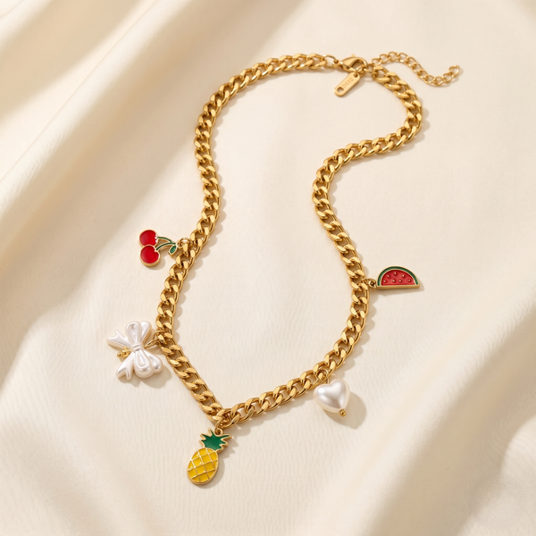 Playful Fruit Charm Gold-Toned Anti Tarnish Chain Necklace