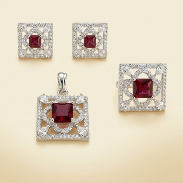 SQUARE RUBY – DIAMOND EMBELLISHED PENDANT, EARRINGS AND RING SET
