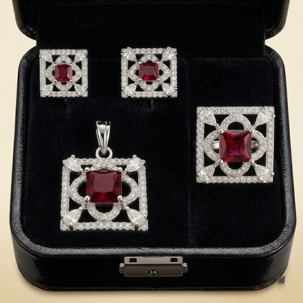 SQUARE RUBY – DIAMOND EMBELLISHED PENDANT, EARRINGS AND RING SET