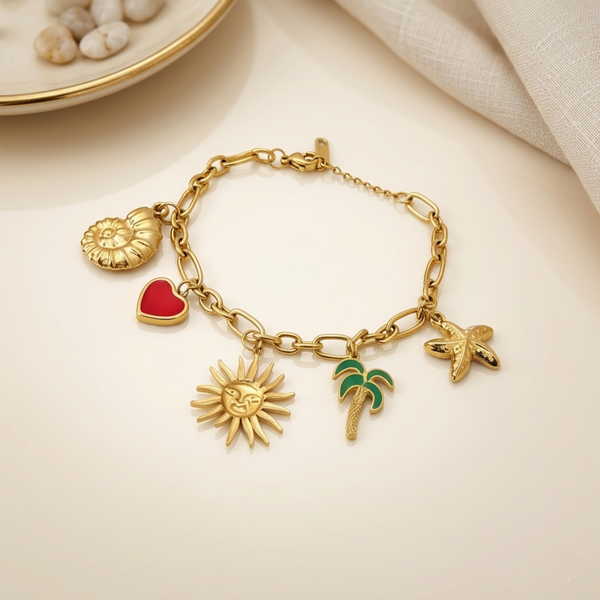 Elegant Gold Charm Anti Tarnish Bracelet with Tropical & Love-Inspired Charms