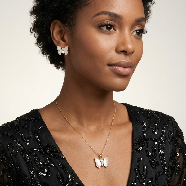 Luxurious White Butterfly Pendant Chain & Stud Earrings Set – Gold-Toned Zircon Accent Jewellery Set for Women