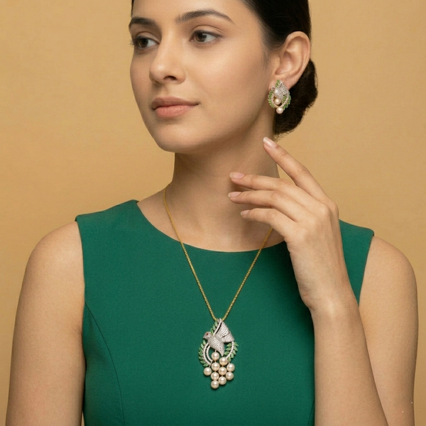 Elegant Peacock-Inspired Pendant & Earrings