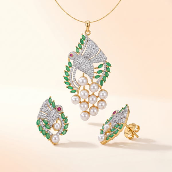 Elegant Peacock-Inspired Pendant & Earrings
