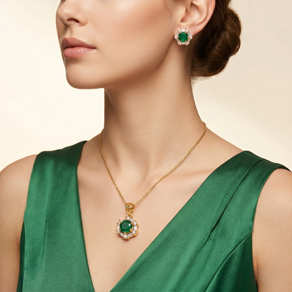Emerald Green Crystal Pendant & Stud Earrings Set – Gold Plated Elegance