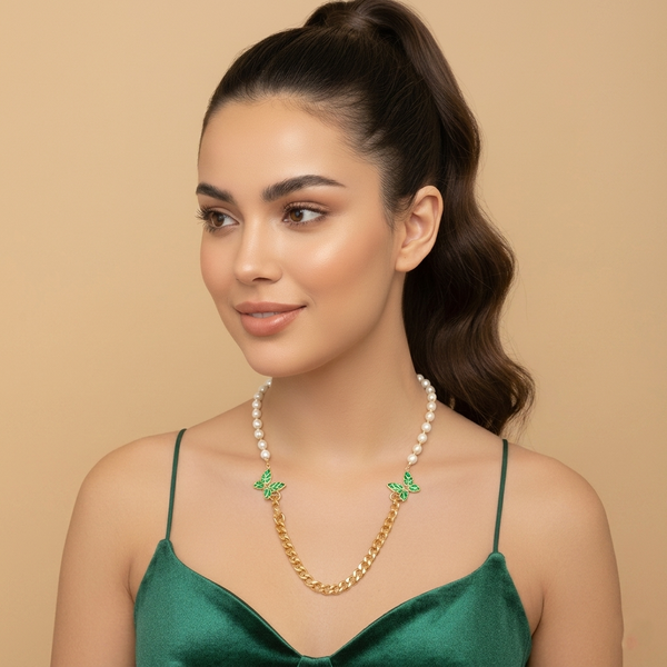 Pearl &amp; Green Enamel Butterfly Gold-Toned Anti Tarnish Premium Necklace