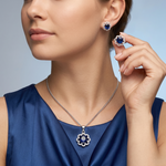Royal Blue Floral Halo AD Silver-Plated Pendant & Stud Earrings Set