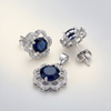 Royal Blue Floral Halo AD Silver-Plated Pendant & Stud Earrings Set