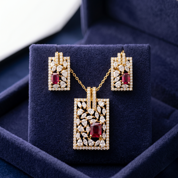 Royal Ruby AD Pendant Set with Stud Earrings – Gold Plated Geometric Crystal Jewellery Set