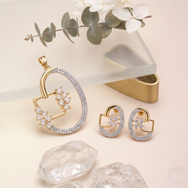 Luxury Gold-Tone AD Floral Heart Pendant & Stud Earrings Set | Sparkling Cubic Zirconia Designer Jewelry for Women