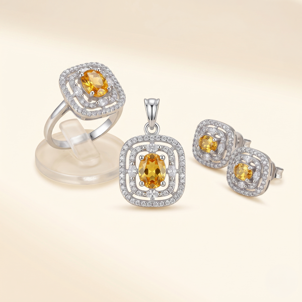 Premium Silver-Tone AD Pendant, Stud Earrings & Finger Ring Set with Yellow Oval Stone | Elegant CZ Halo Jewellery Set for Women