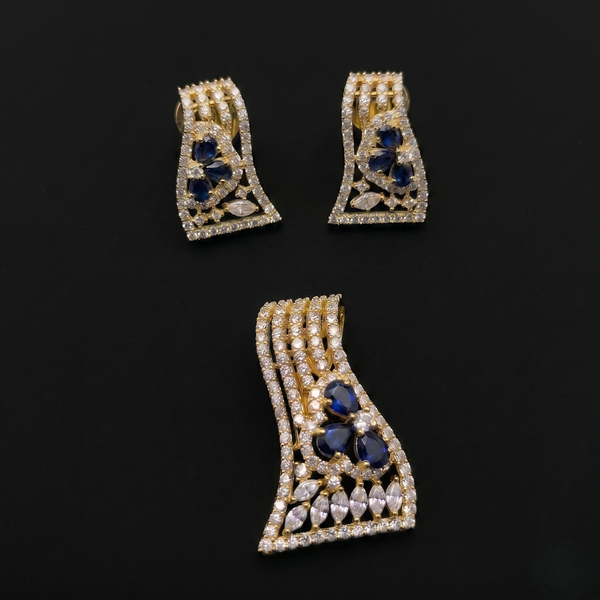 Graceful Luxurious Exquisite CZ & Sapphire-Tone Designe Jewelry Set for Women | Premium Gold-Plated Pendant with Matching Earrings | Timeless Party & Wedding Wear