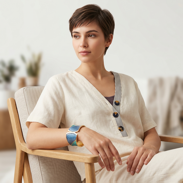 Luxury Gold-Tone Blue Textured Statement Cuff Bracelet for Women | Contemporary Enamel Finish Bangle