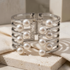 Elegant Silver-Tone Multi-Line Pearl Cuff Bangle for Women | Statement Open Bracelet with Luxe Pearl Accents