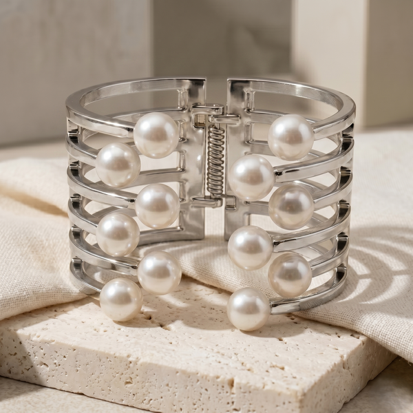 Elegant Silver-Tone Multi-Line Pearl Cuff Bangle for Women | Statement Open Bracelet with Luxe Pearl Accents