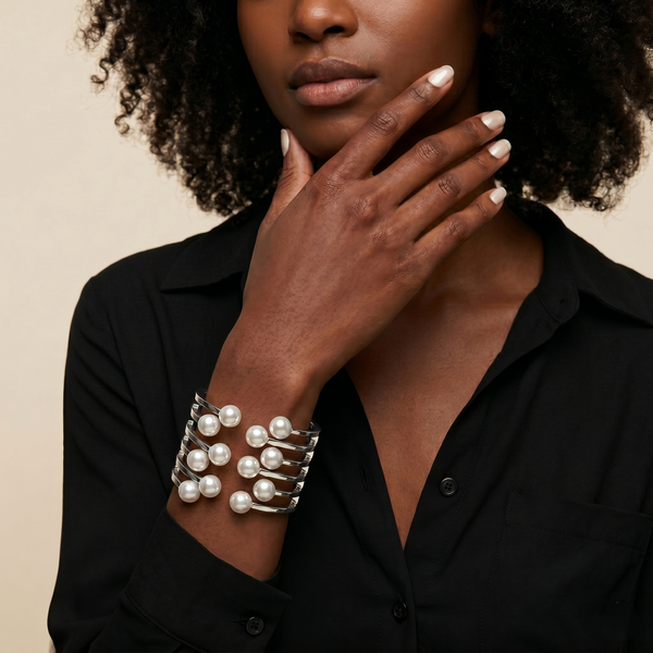 Elegant Silver-Tone Multi-Line Pearl Cuff Bangle for Women | Statement Open Bracelet with Luxe Pearl Accents