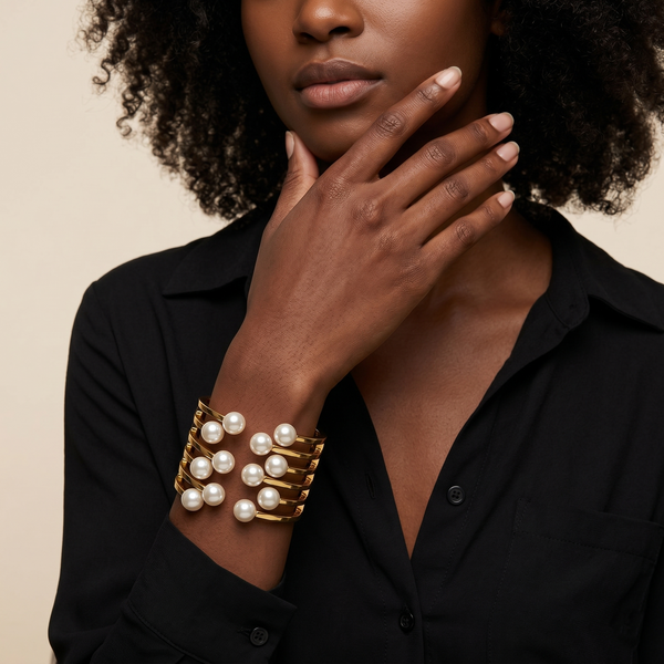 Anti Tarnish Graceful Gold-Tone Multi-Layer Pearl Cuff Bangle for Women | Luxury Statement Bracelet with Pearl Accents